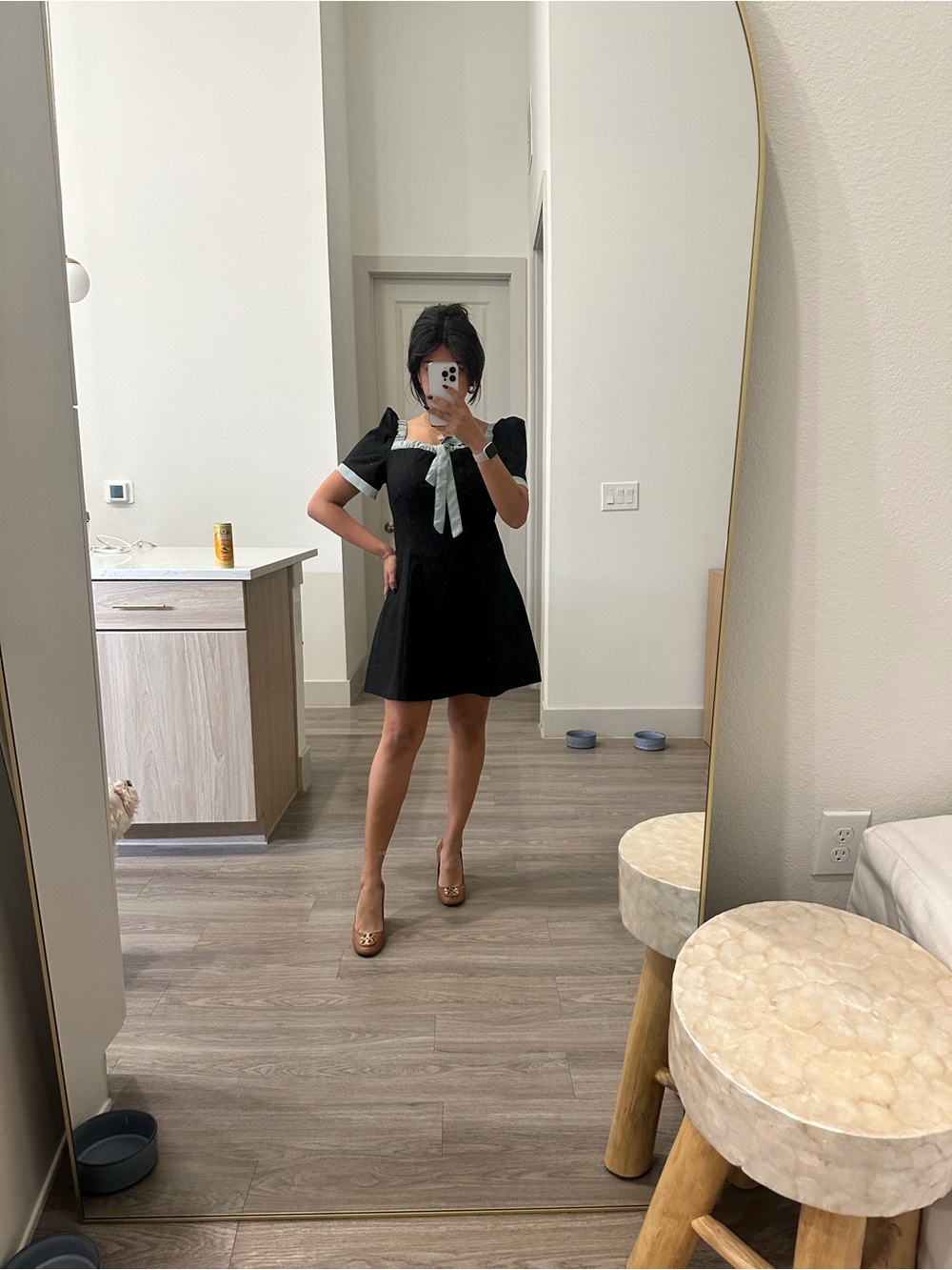 Black Mini Dress with Aqua Bow Accent